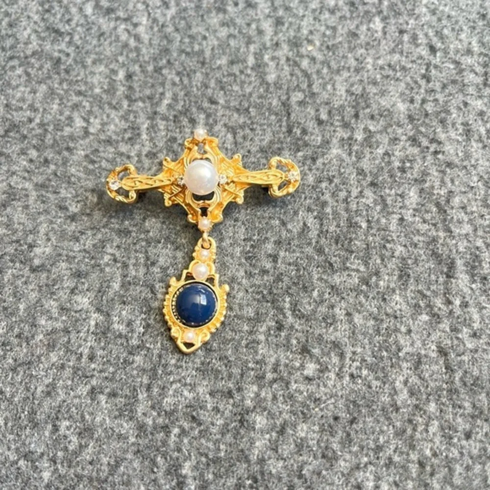 Baroque Dangle Brooch Womens OS Gold Blue Excellent Faux‎ Pearl Detachable Drop